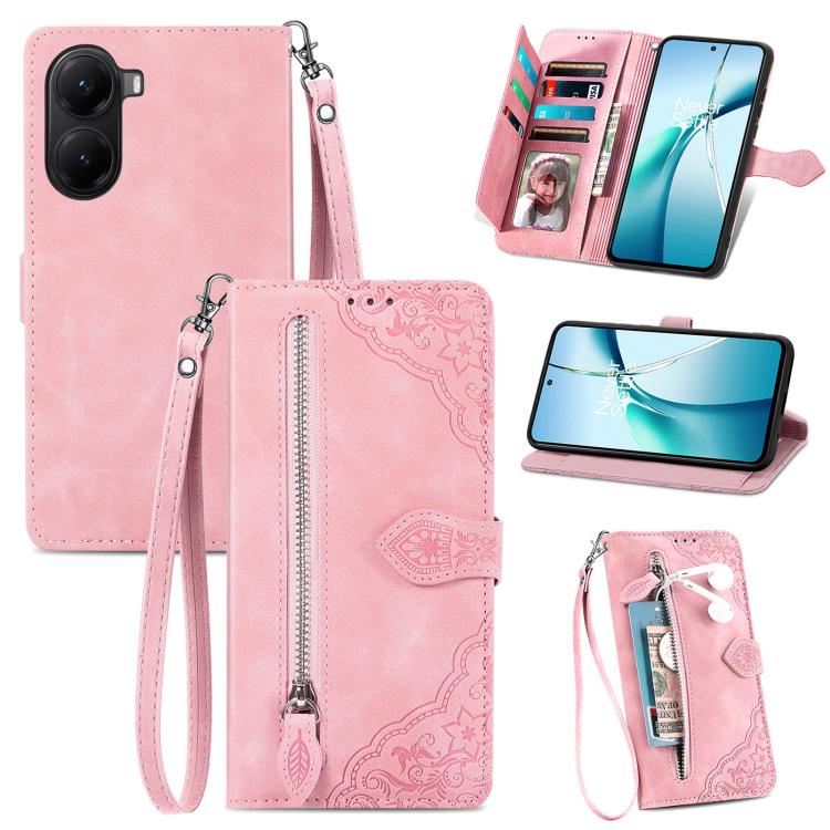 

For Xiaomi Poco X7 Pro Embossed Flower Zipper Leather Phone Case(Pink)