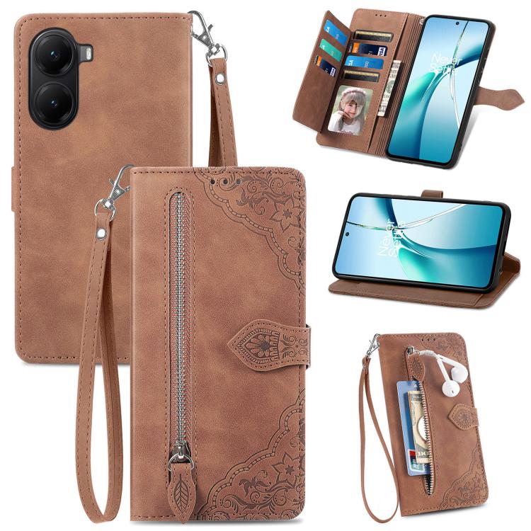 

For Xiaomi Poco X7 Pro Embossed Flower Zipper Leather Phone Case(Brown)
