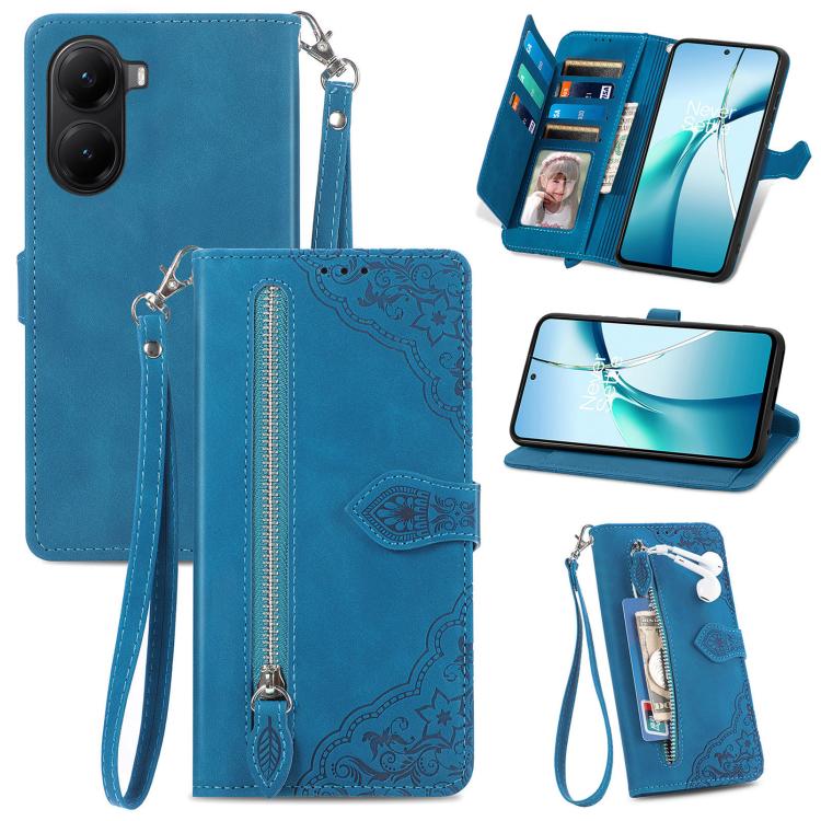 

FOr Redmi Turbo 4 Embossed Flower Zipper Leather Phone Case(Blue)