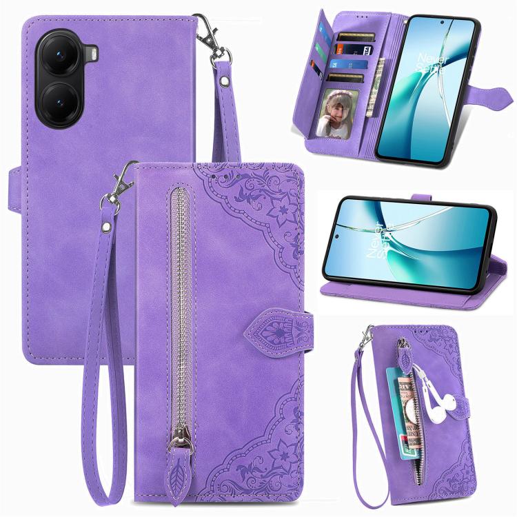 

FOr Redmi Turbo 4 Embossed Flower Zipper Leather Phone Case(Purple)
