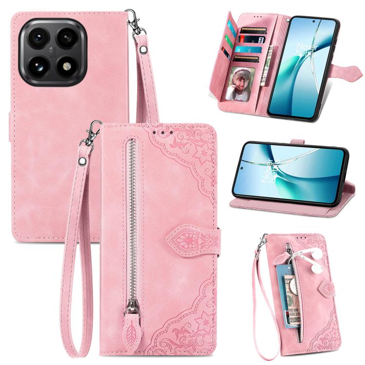 

For Xiaomi 15T Embossed Flower Zipper Leather Phone Case(Pink)