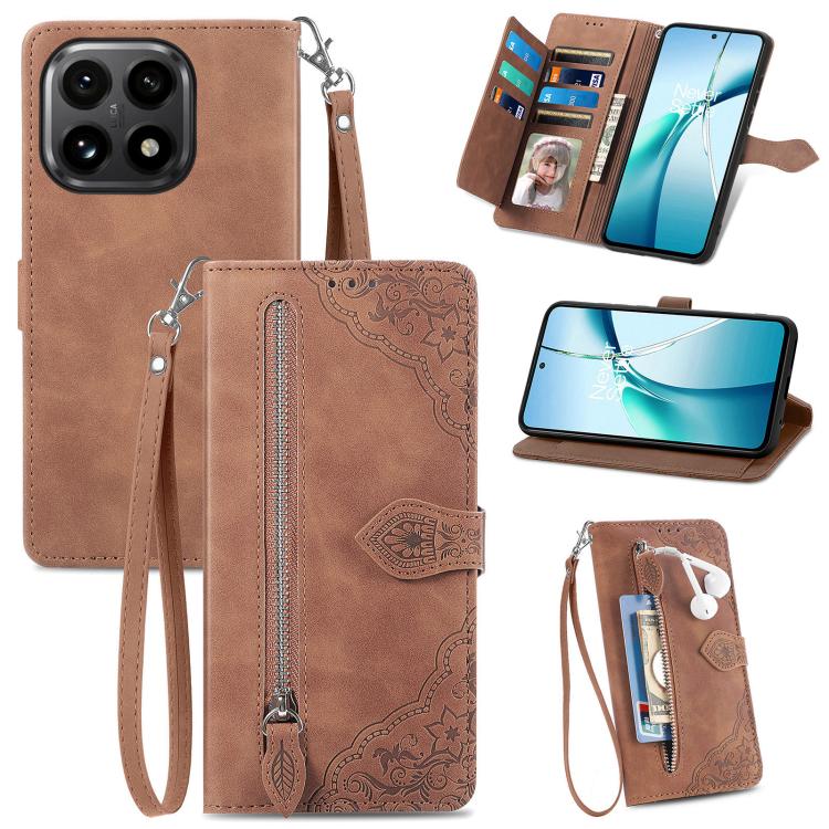 

For Xiaomi 15T Embossed Flower Zipper Leather Phone Case(Brown)