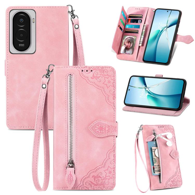 

For Xiaomi Poco M7 4G 169mm Embossed Flower Zipper Leather Phone Case(Pink)