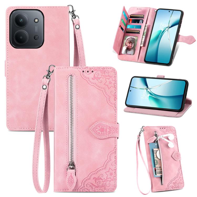 

For Redmi 15C 5G / 4G Glodal 171mm Embossed Flower Zipper Leather Phone Case(Pink)