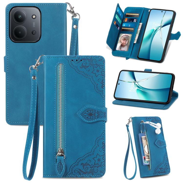 

For Redmi 15C 5G / 4G Glodal 171mm Embossed Flower Zipper Leather Phone Case(Blue)