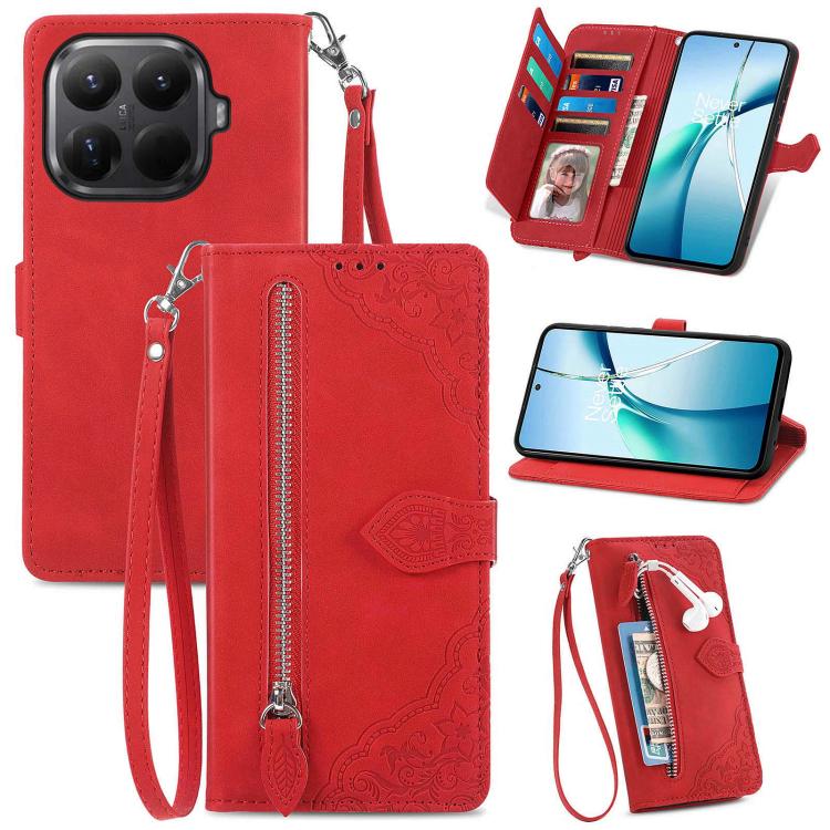 

For Xiaomi 15T Pro Embossed Flower Zipper Leather Phone Case(Red)