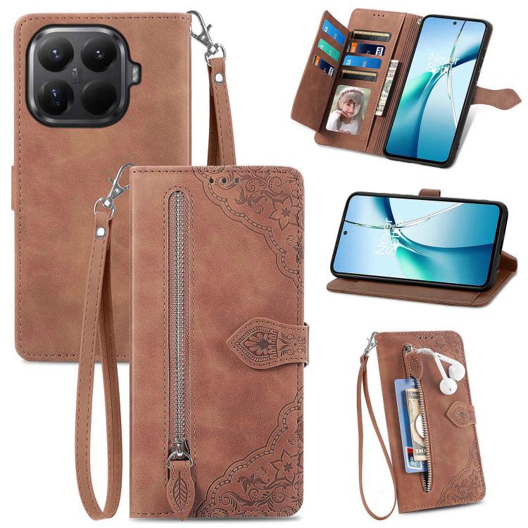 

For Xiaomi 15T Pro Embossed Flower Zipper Leather Phone Case(Brown)