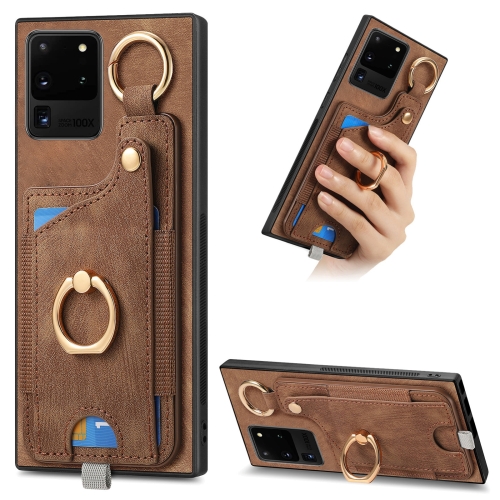 

For Samsung Galaxy S20 Ultra Retro Skin-feel Ring Card Bag Phone Case with Hang Loop(Brown)