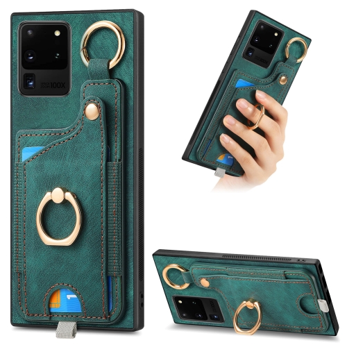 

For Samsung Galaxy S20 Ultra Retro Skin-feel Ring Card Bag Phone Case with Hang Loop(Green)