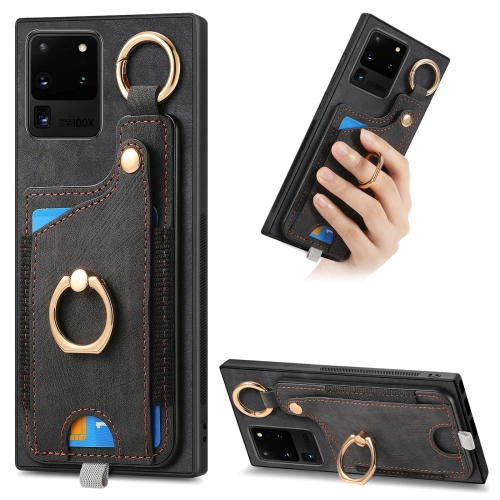 

For Samsung Galaxy S20 Ultra Retro Skin-feel Ring Card Bag Phone Case with Hang Loop(Black)