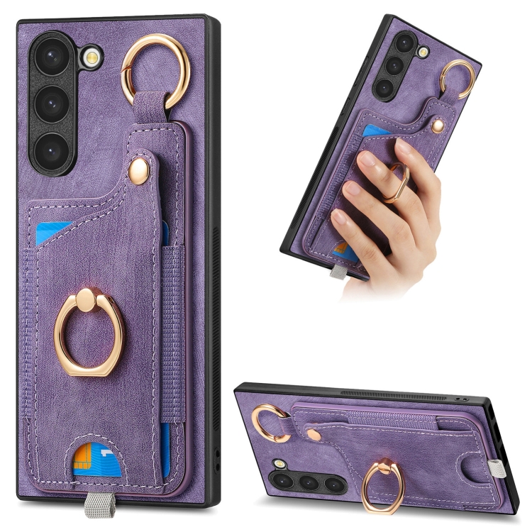 

For Samsung Galaxy S21 5G Retro Skin-feel Ring Card Bag Phone Case with Hang Loop(Purple)