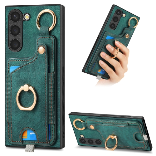 

For Samsung Galaxy S21 5G Retro Skin-feel Ring Card Bag Phone Case with Hang Loop(Green)