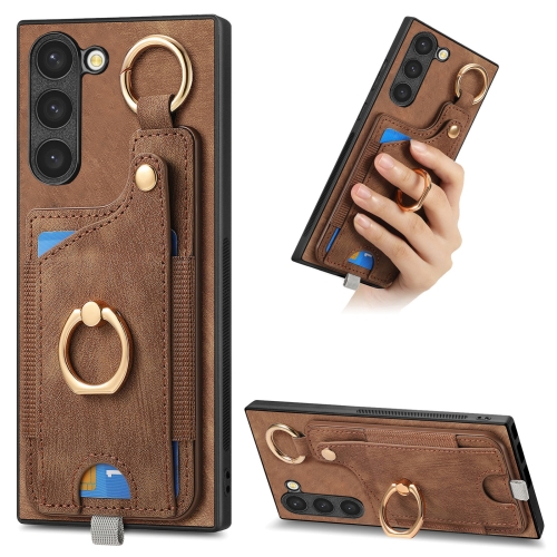 

For Samsung Galaxy S21 FE 5G Retro Skin-feel Ring Card Bag Phone Case with Hang Loop(Brown)