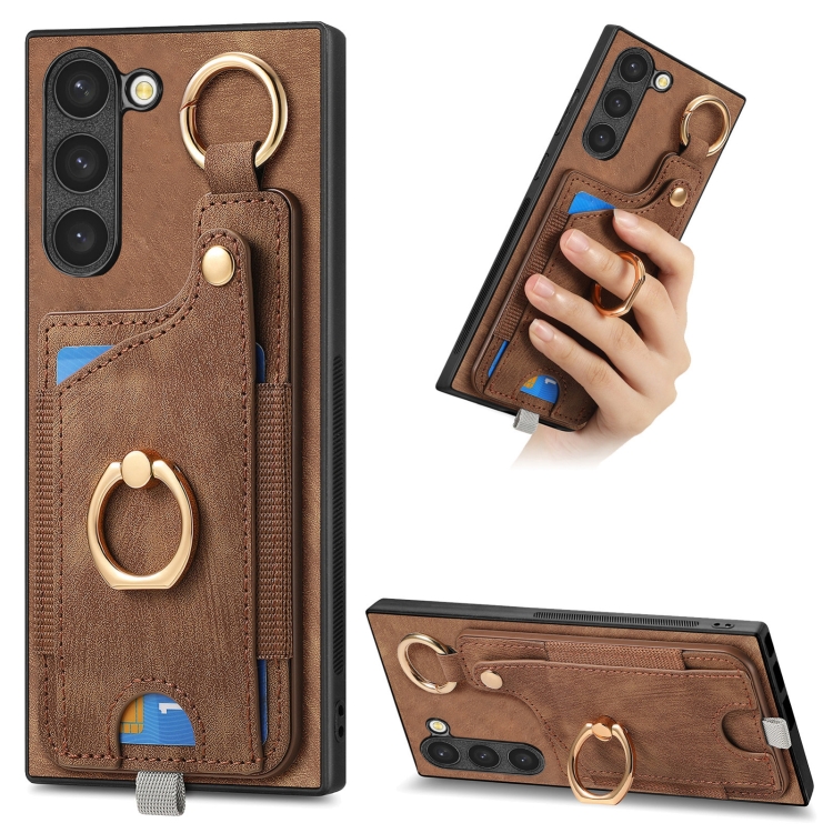 

For Samsung Galaxy S23+ 5G Retro Skin-feel Ring Card Bag Phone Case with Hang Loop(Brown)