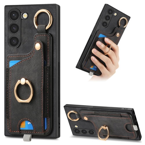 

For Samsung Galaxy S24+ 5G Retro Skin-feel Ring Card Bag Phone Case with Hang Loop(Black)