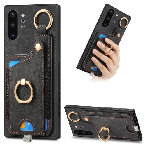 

For Samsung Galaxy Note10+ Retro Skin-feel Ring Card Bag Phone Case with Hang Loop(Black)