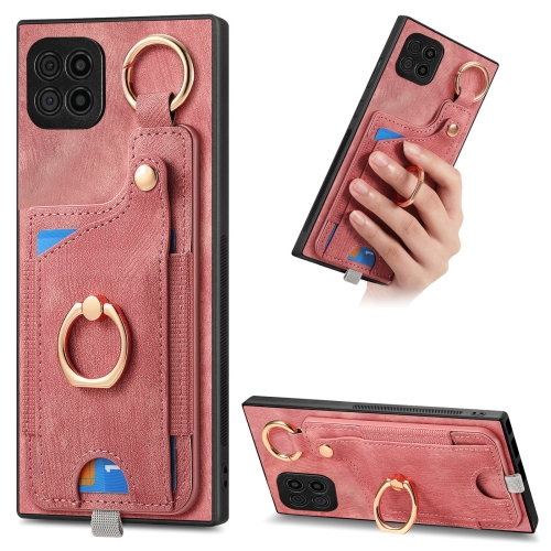 

For Samsung Galaxy A22 4G Retro Skin-feel Ring Card Bag Phone Case with Hang Loop(Pink)