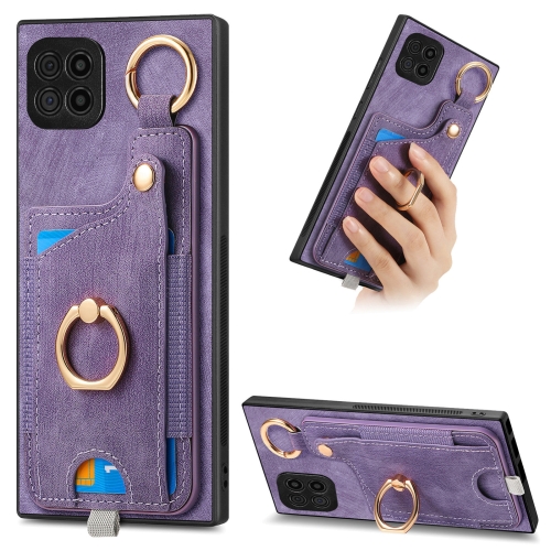 

For Samsung Galaxy A22 4G Retro Skin-feel Ring Card Bag Phone Case with Hang Loop(Purple)