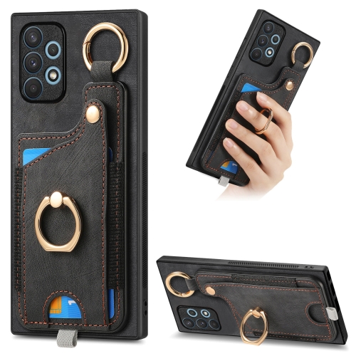 

For Samsung Galaxy A73 5G Retro Skin-feel Ring Card Bag Phone Case with Hang Loop(Black)