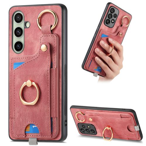 

For Samsung Galaxy A56 5G Retro Skin-feel Ring Card Bag Phone Case with Hang Loop(Pink)