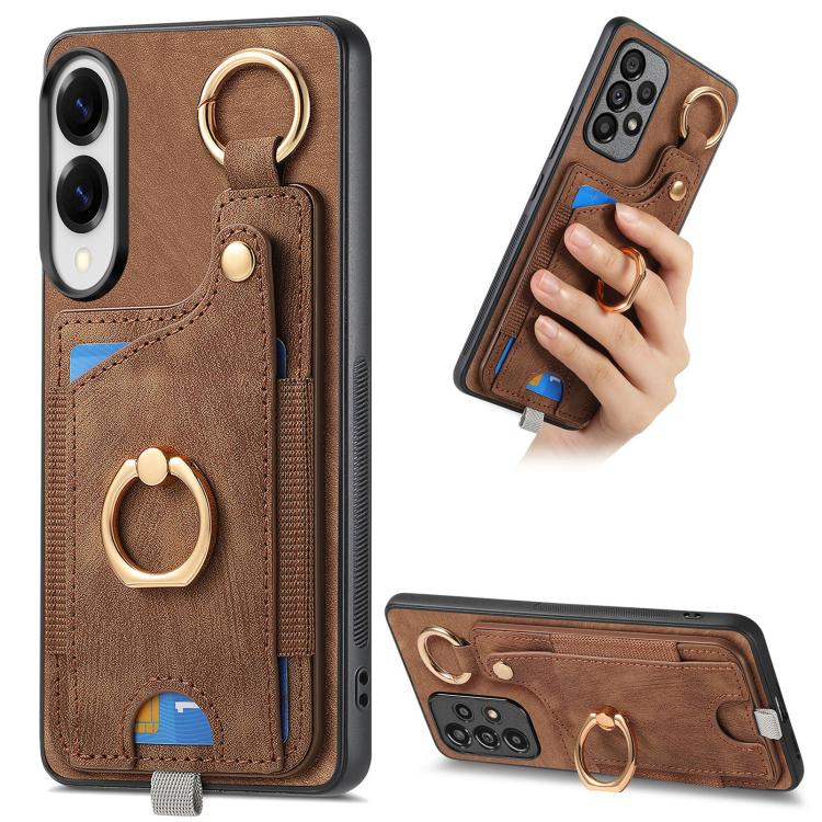 

For Samsung Galaxy S25 Edge 5G Retro Skin-feel Ring Card Bag Phone Case with Hang Loop(Brown)