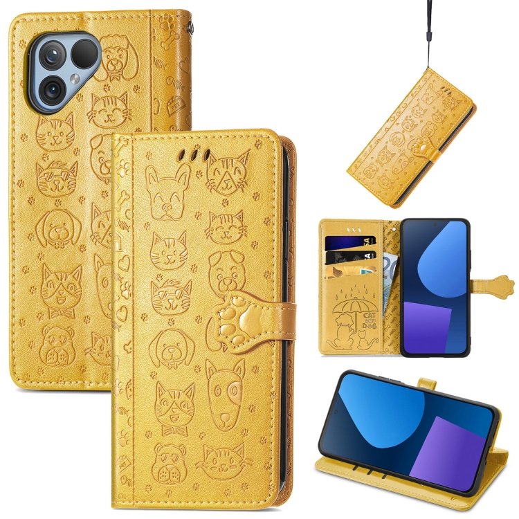 

For Fairphone 5 Cat and Dog Embossed Leather Phone Case(Yellow)