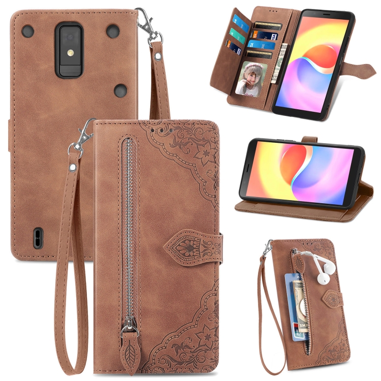 

For ZTE Blade A32 Embossed Flower Zipper Leather Phone Case(Brown)