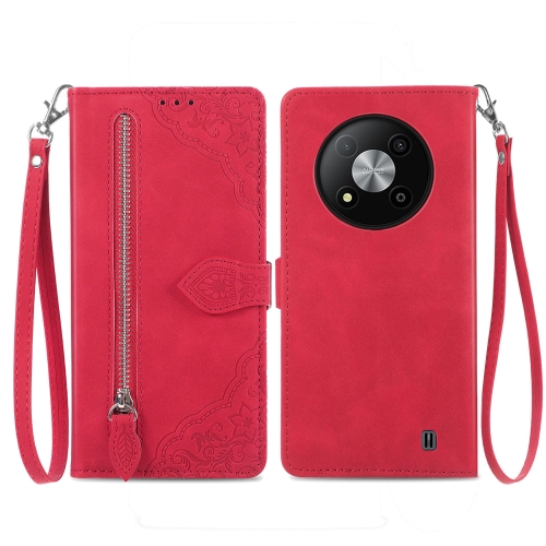 

For ZTE Blade A73 5G Embossed Flower Zipper Leather Phone Case(Red)