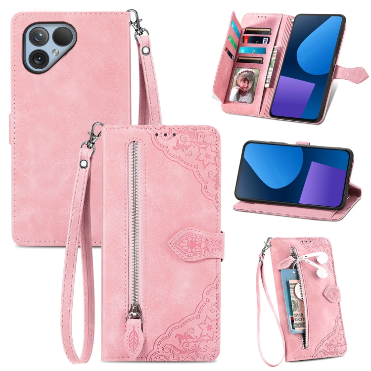

For Fairphone 5 Embossed Flower Zipper Leather Phone Case(Pink)