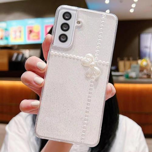 

For Samsung Galaxy S25+ 5G Pearl Bow Glitter Epoxy TPU Phone Case(Cross Knots)