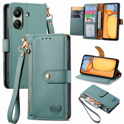 

For Xiaomi Redmi 13C Love Zipper Lanyard Leather Phone Case(Green)