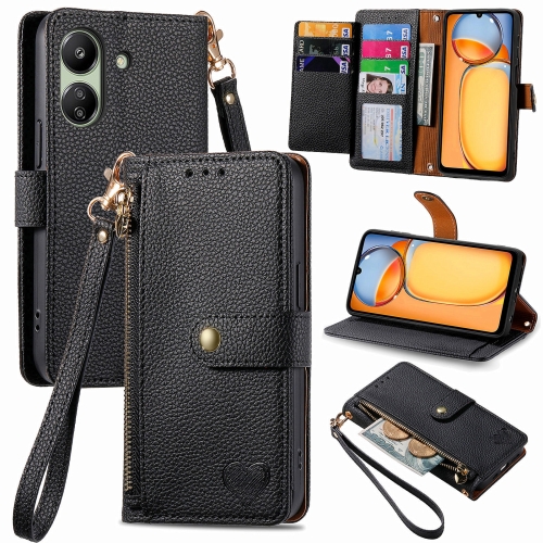 

For Xiaomi Redmi 13C Love Zipper Lanyard Leather Phone Case(Black)