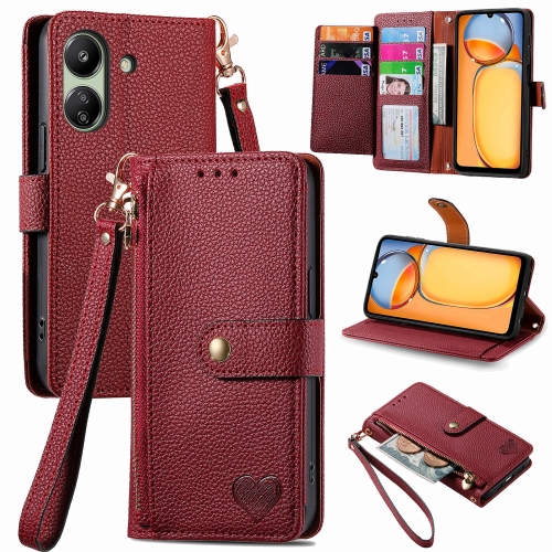 

For Xiaomi Redmi 13C Love Zipper Lanyard Leather Phone Case(Red)