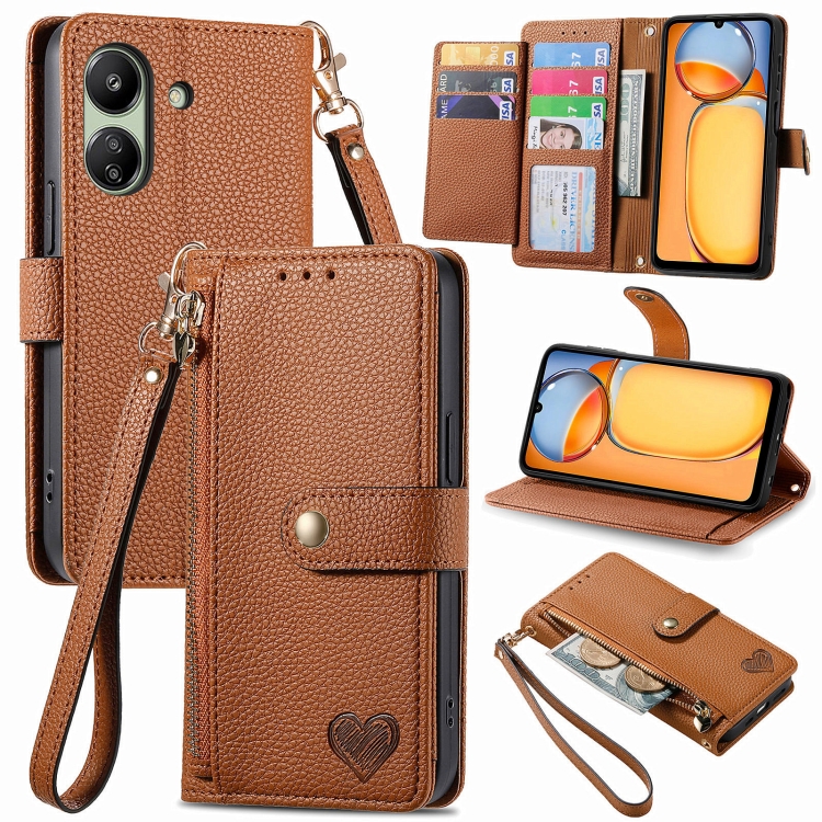 

For Xiaomi Redmi 13C Love Zipper Lanyard Leather Phone Case(Brown)