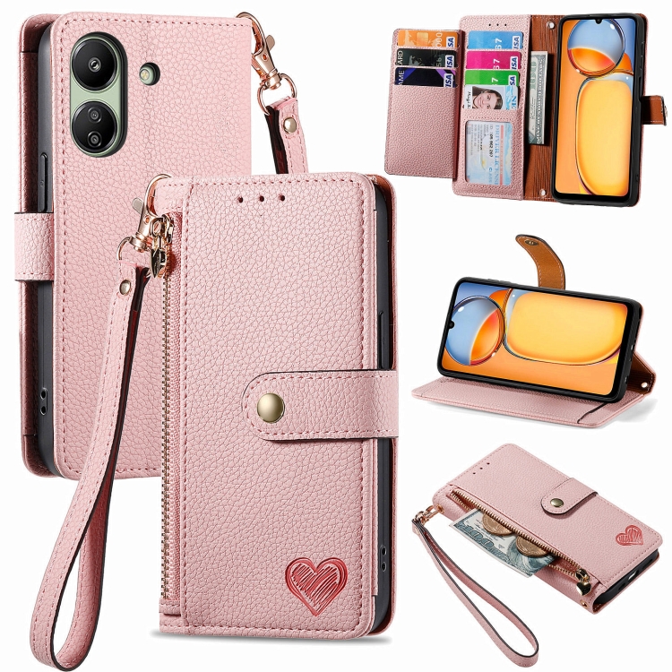 

For Xiaomi Redmi 13C Love Zipper Lanyard Leather Phone Case(Pink)