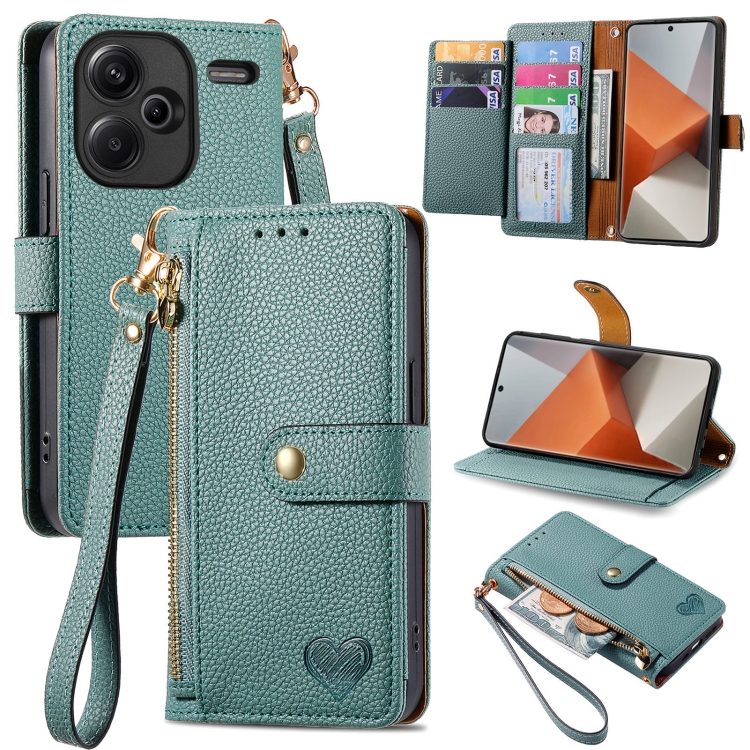 

For Xiaomi Redmi Note 13 Pro+ Love Zipper Lanyard Leather Phone Case(Green)