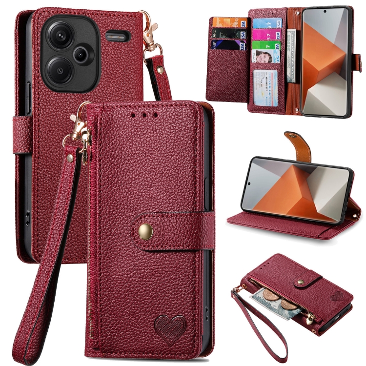 

For Xiaomi Redmi Note 13 Pro+ Love Zipper Lanyard Leather Phone Case(Red)
