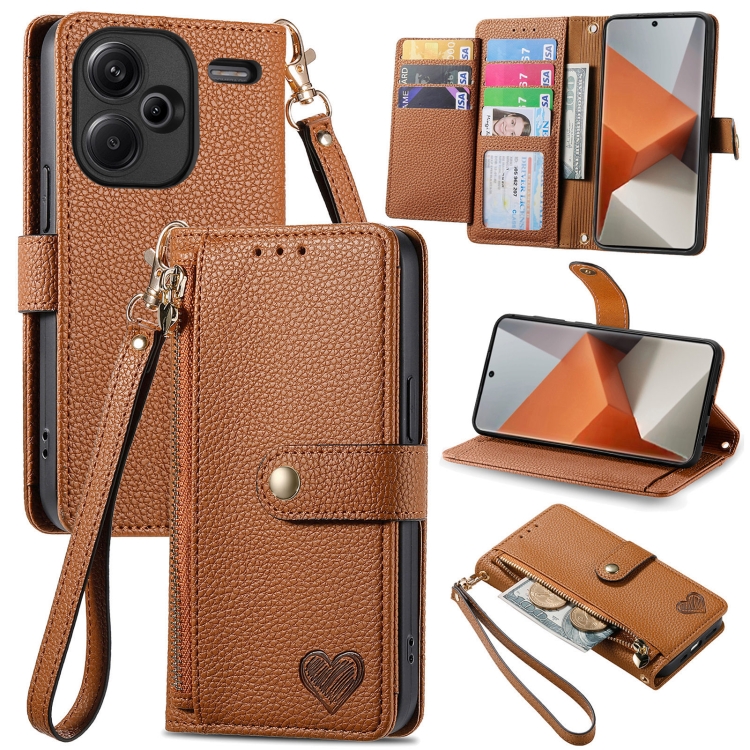 

For Xiaomi Redmi Note 13 Pro+ Love Zipper Lanyard Leather Phone Case(Brown)
