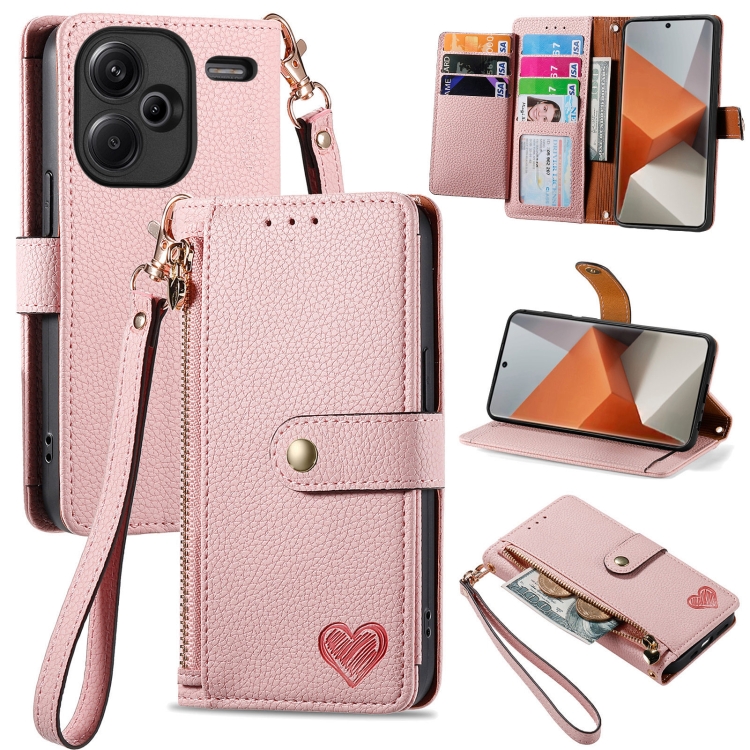 

For Xiaomi Redmi Note 13 Pro+ Love Zipper Lanyard Leather Phone Case(Pink)