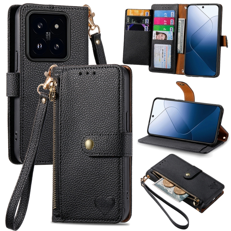 

For Xiaomi 14pro Love Zipper Lanyard Leather Phone Case(Black)