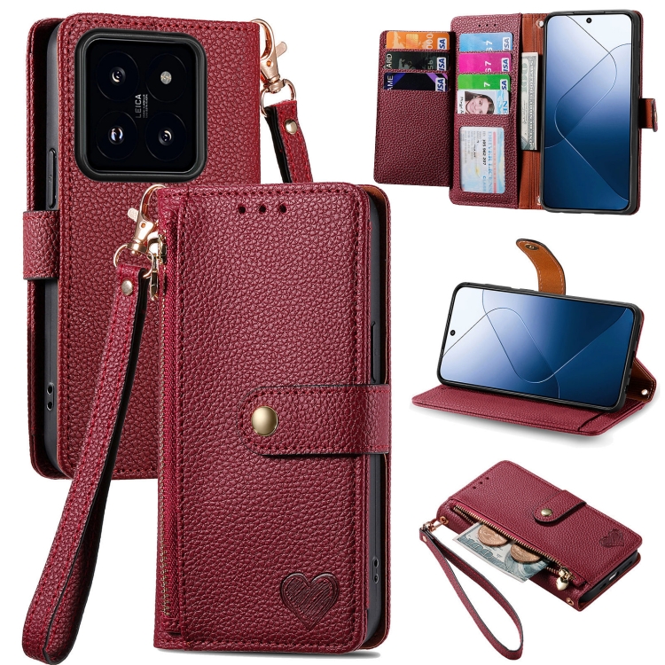 

For Xiaomi 14pro Love Zipper Lanyard Leather Phone Case(Red)