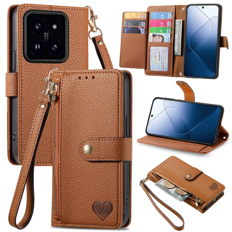 

For Xiaomi 14pro Love Zipper Lanyard Leather Phone Case(Brown)