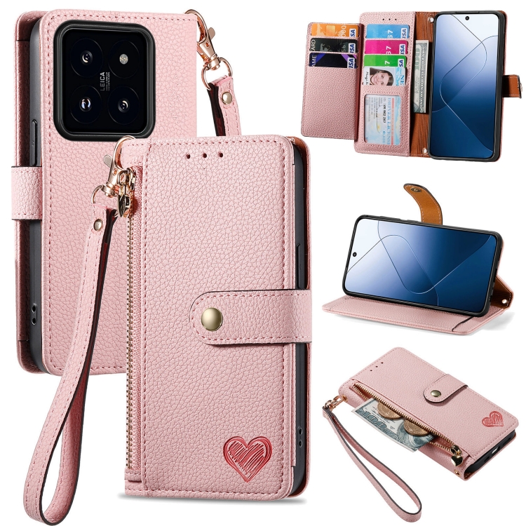 

For Xiaomi 14pro Love Zipper Lanyard Leather Phone Case(Pink)