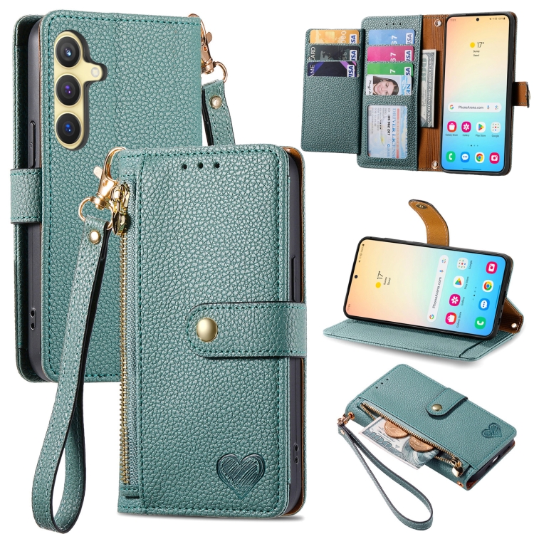 

For Samsung Galaxy S24 5G Love Zipper Lanyard Leather Phone Case(Green)