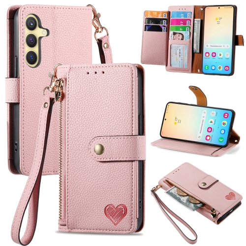 

For Samsung Galaxy S24 5G Love Zipper Lanyard Leather Phone Case(Pink)