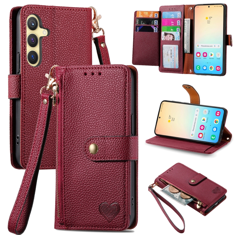 

For Samsung Galaxy S24 5G Love Zipper Lanyard Leather Phone Case(Red)
