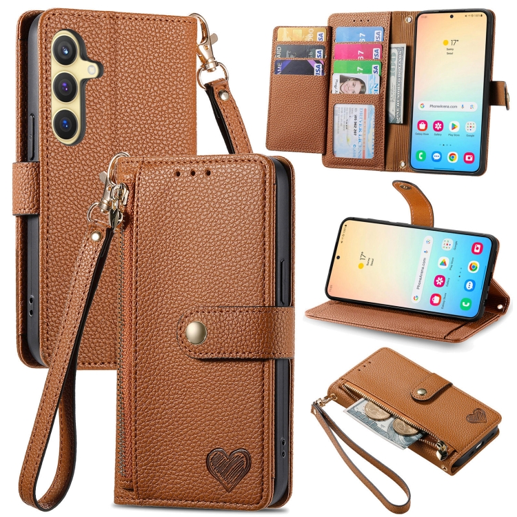

For Samsung Galaxy S24+ 5G Love Zipper Lanyard Leather Phone Case(Brown)