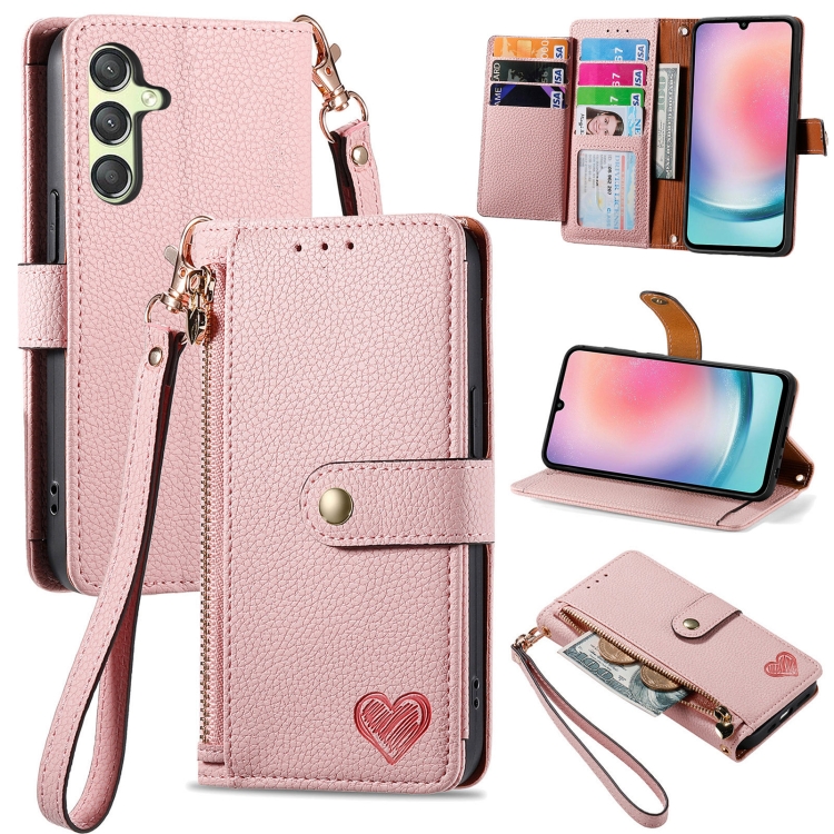 

For Samsung Galaxy A25 5G Love Zipper Lanyard Leather Phone Case(Pink)
