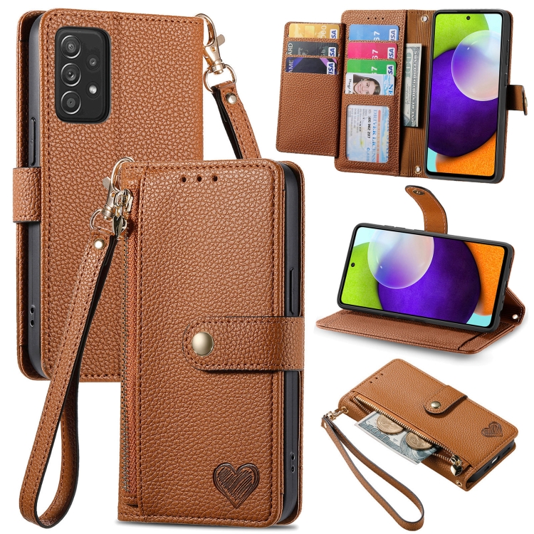 

For Samsung Galaxy A52 5G Love Zipper Lanyard Leather Phone Case(Brown)