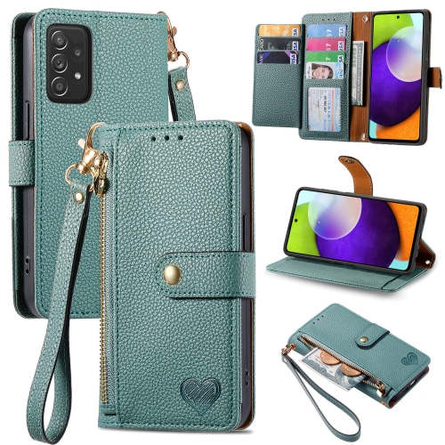 

For Samsung Galaxy A52 5G Love Zipper Lanyard Leather Phone Case(Green)
